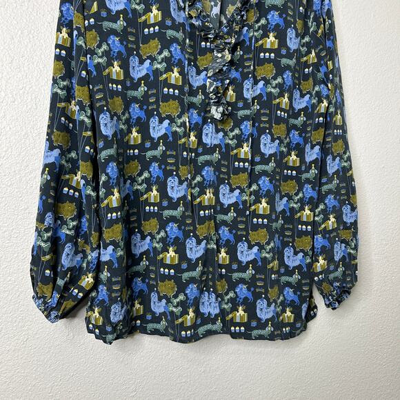 Tyler Boe Halprin Silk Whoof Dog Party Print Button Up Shirt Blue Green Large - Picture 4 of 11